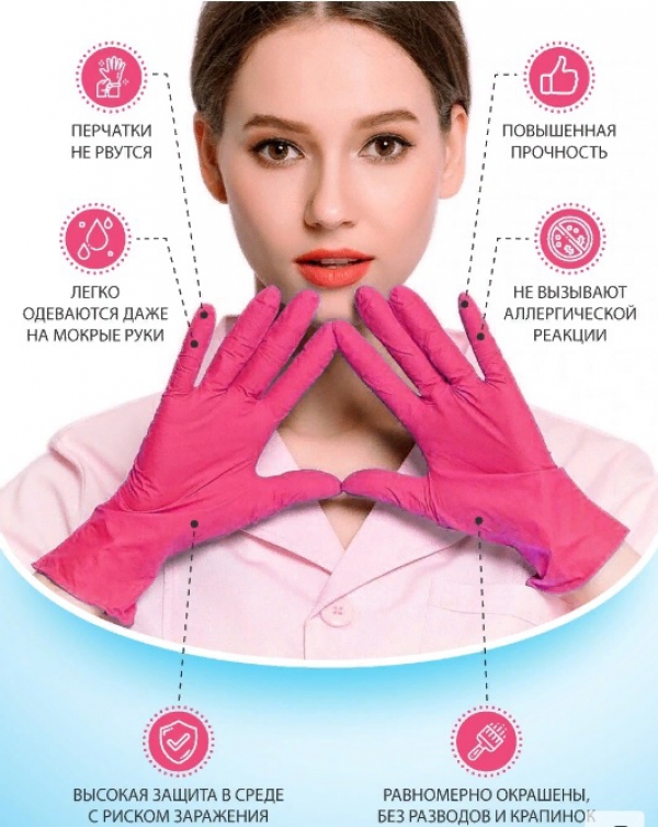 Перчатки винило-нитриловые "Wally PROFI" (розовые), размер M, 50 пар